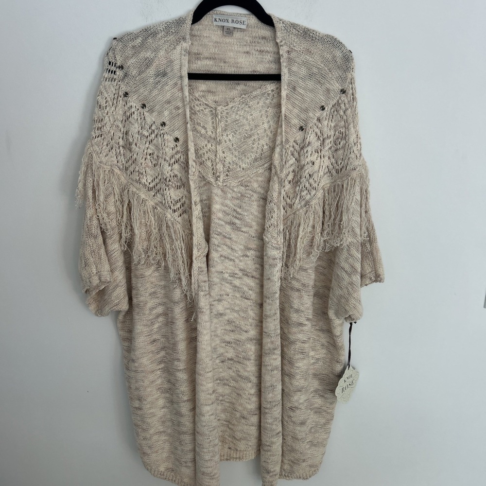 Knox Rose Women's XL Cardigan New Western Fringe Boho Open Front Crochet Sweater